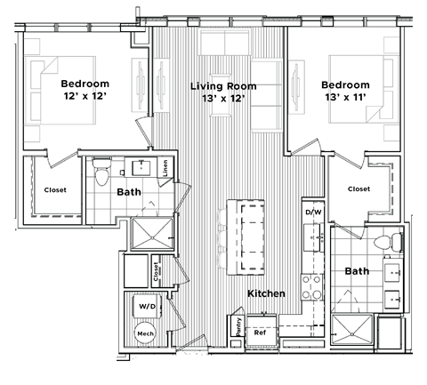 Floor plan for 2 beds, 2 baths, 998 sqft